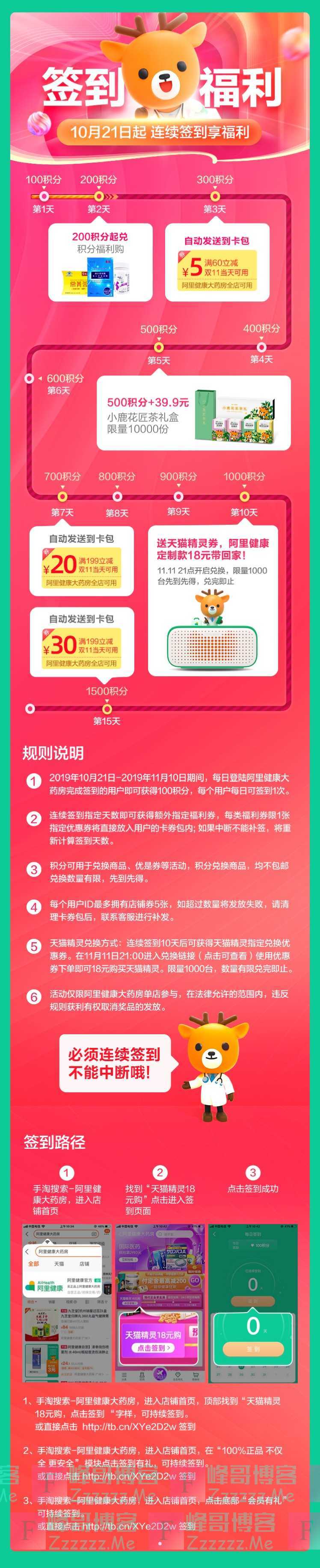 阿里健康大药房连续签到领积分、18元天猫精灵抢购资格（11月10日截止）