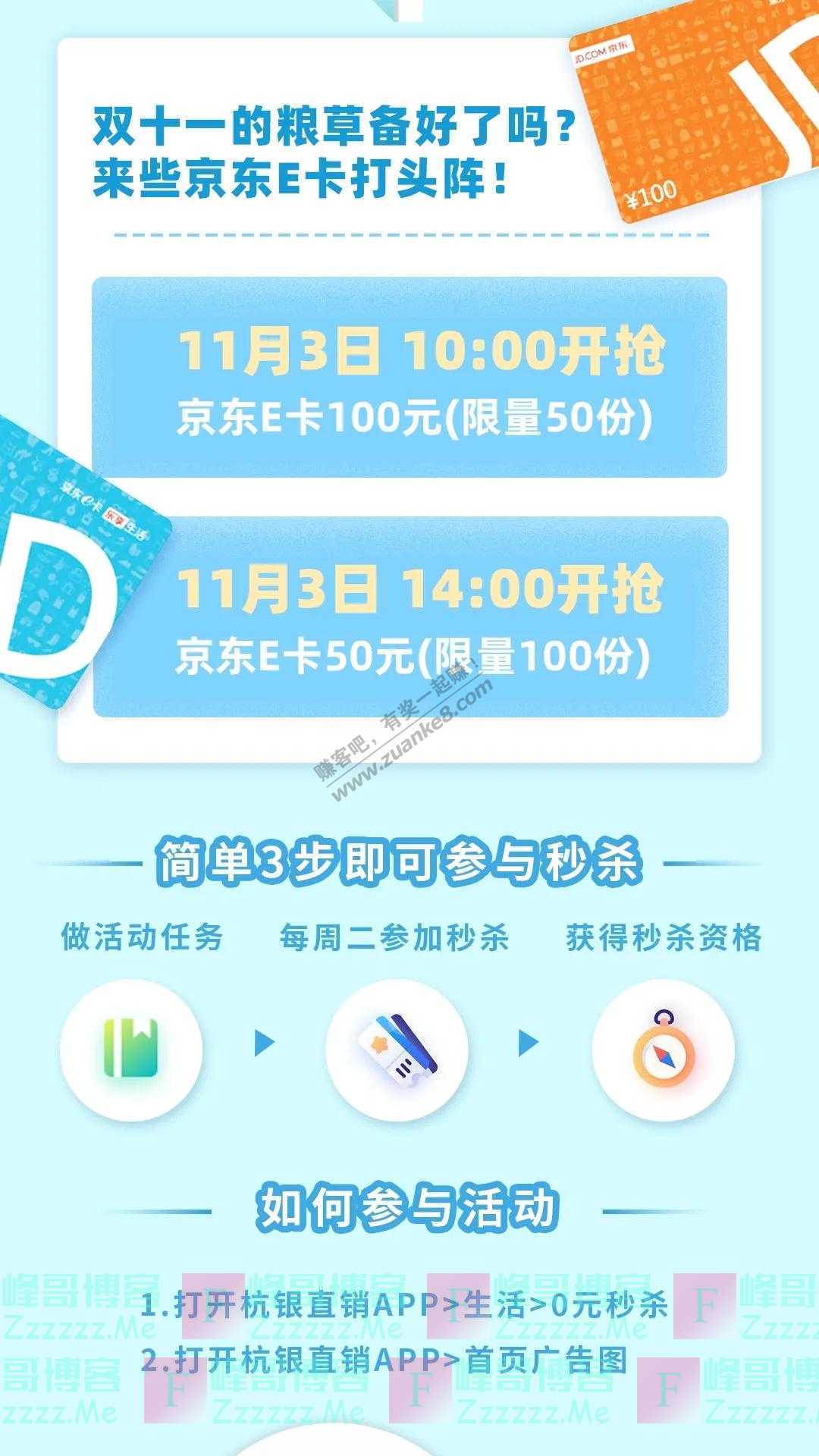 杭州银行预热双十一 京东E卡免费送（截止11月3日）