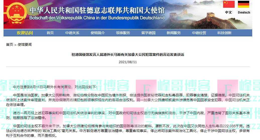 德国外长就加拿大公民犯罪案件发表言论，中使馆回应
