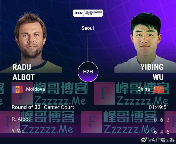 ATP挑战赛首尔站首轮 中国球员吴易昺力挫头号种子