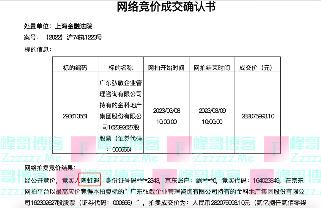 千亿房企前老板娘以底价2.82亿元竞得金科股份约1.62亿股