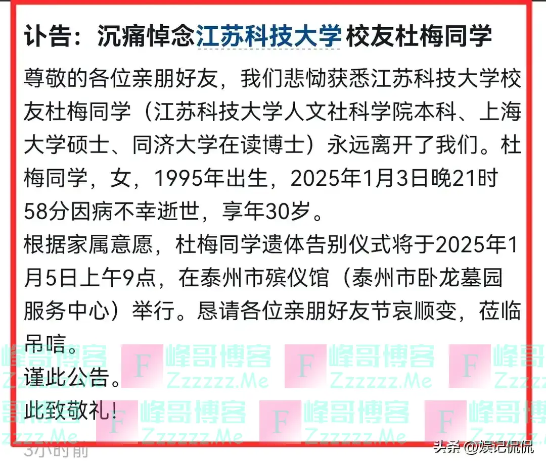 痛惜！同济大学博士杜梅去世，年仅30岁，生前写下遗书，死因曝光